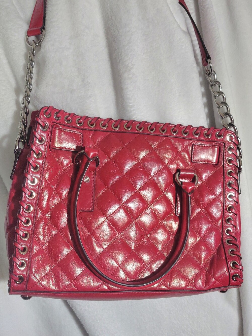 Michael Kors Hamilton Hippie Grommet Red Quilted Leather Satchel Chain Strap - Picture 2 of 8